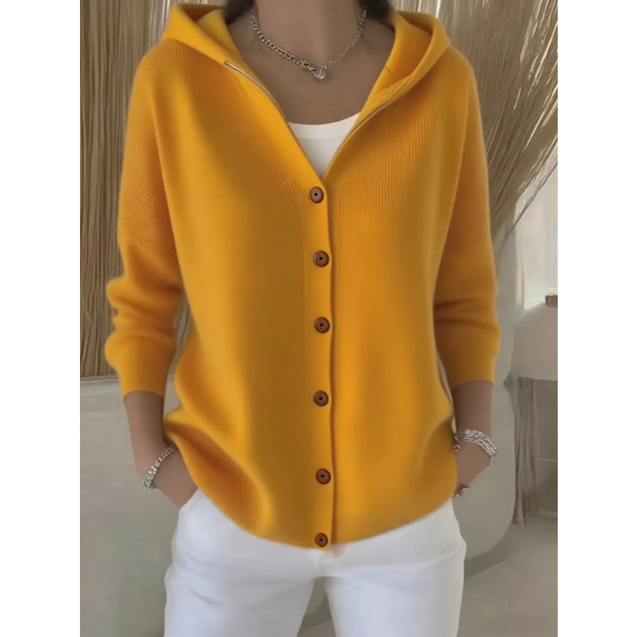 Full Size Hooded Button-Down Knit Cardigan Plus Size Apparel and Accessories
