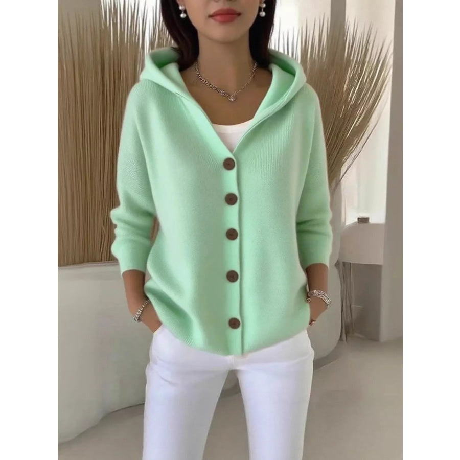 Full Size Hooded Button-Down Knit Cardigan Plus Size Apparel and Accessories