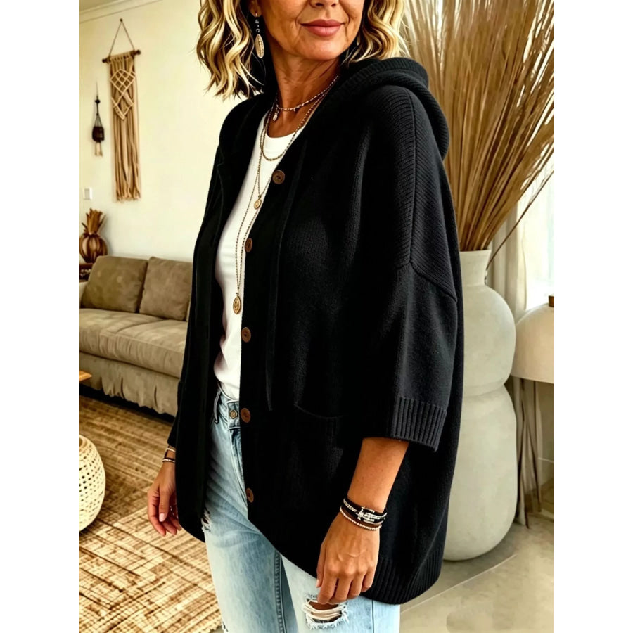 Full Size Hooded Button-Down Knit Cardigan Plus Apparel and Accessories