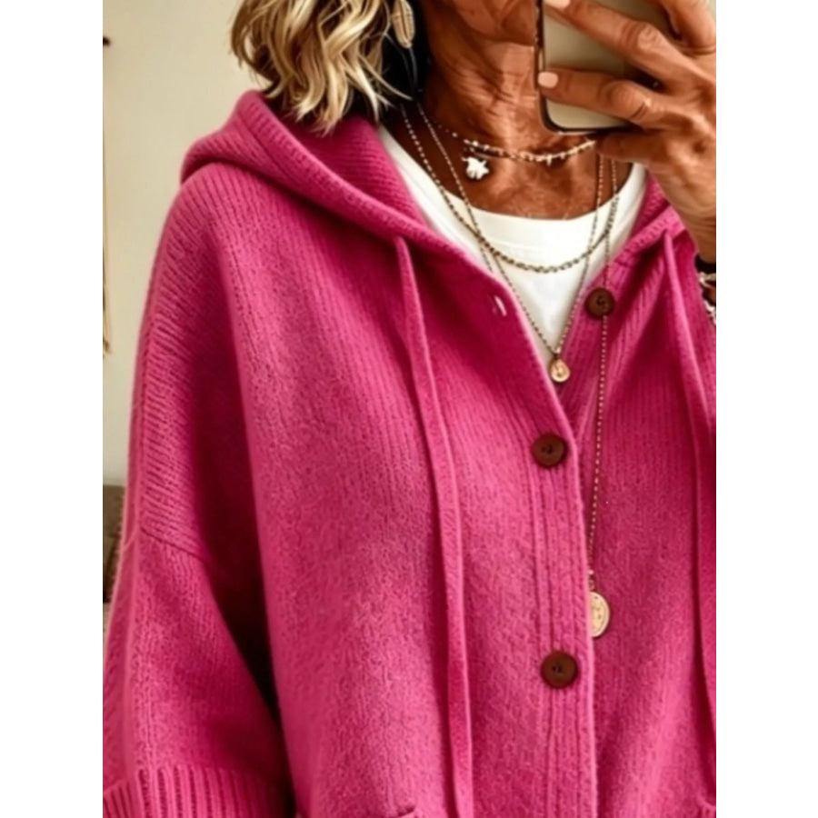 Full Size Hooded Button-Down Knit Cardigan Plus Apparel and Accessories