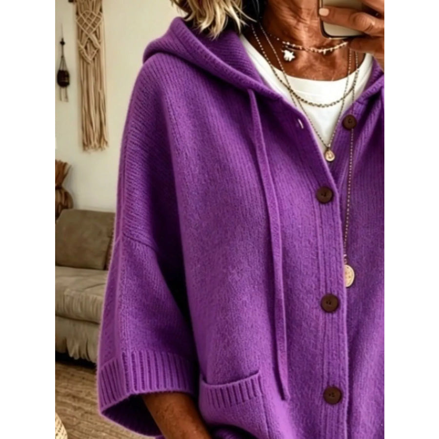 Full Size Hooded Button-Down Knit Cardigan Plus Apparel and Accessories