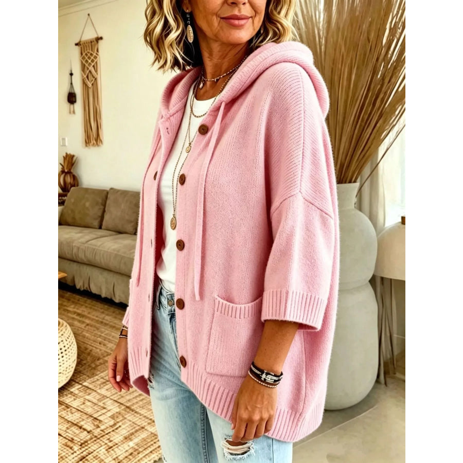 Full Size Hooded Button-Down Knit Cardigan Plus Pink / S Apparel and Accessories