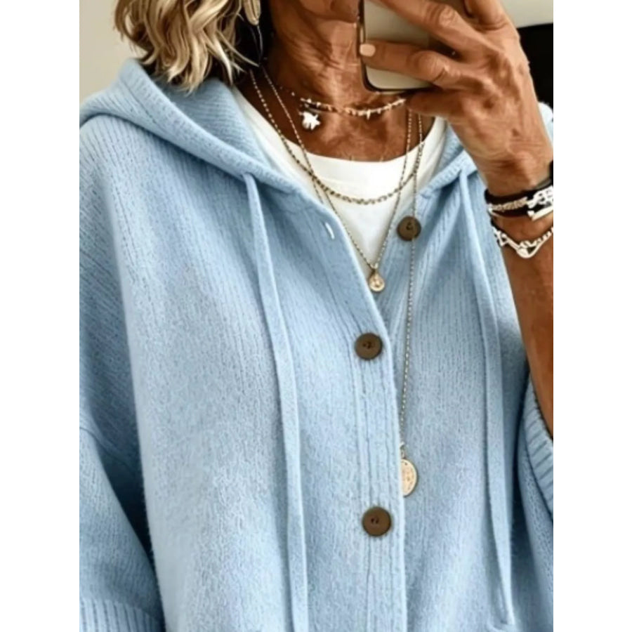 Full Size Hooded Button-Down Knit Cardigan Plus Apparel and Accessories