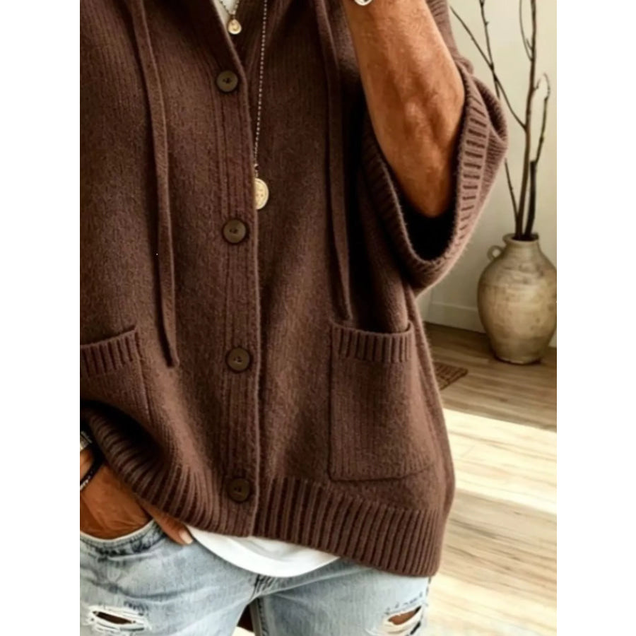 Full Size Hooded Button-Down Knit Cardigan Plus Apparel and Accessories