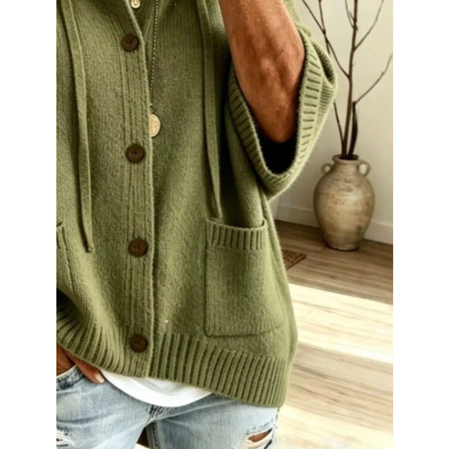 Full Size Hooded Button-Down Knit Cardigan Plus Apparel and Accessories