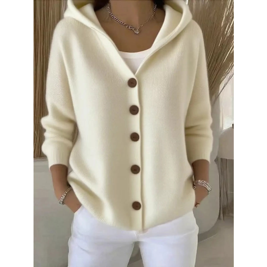 Full Size Hooded Button-Down Knit Cardigan Plus Size Apricot / S Apparel and Accessories