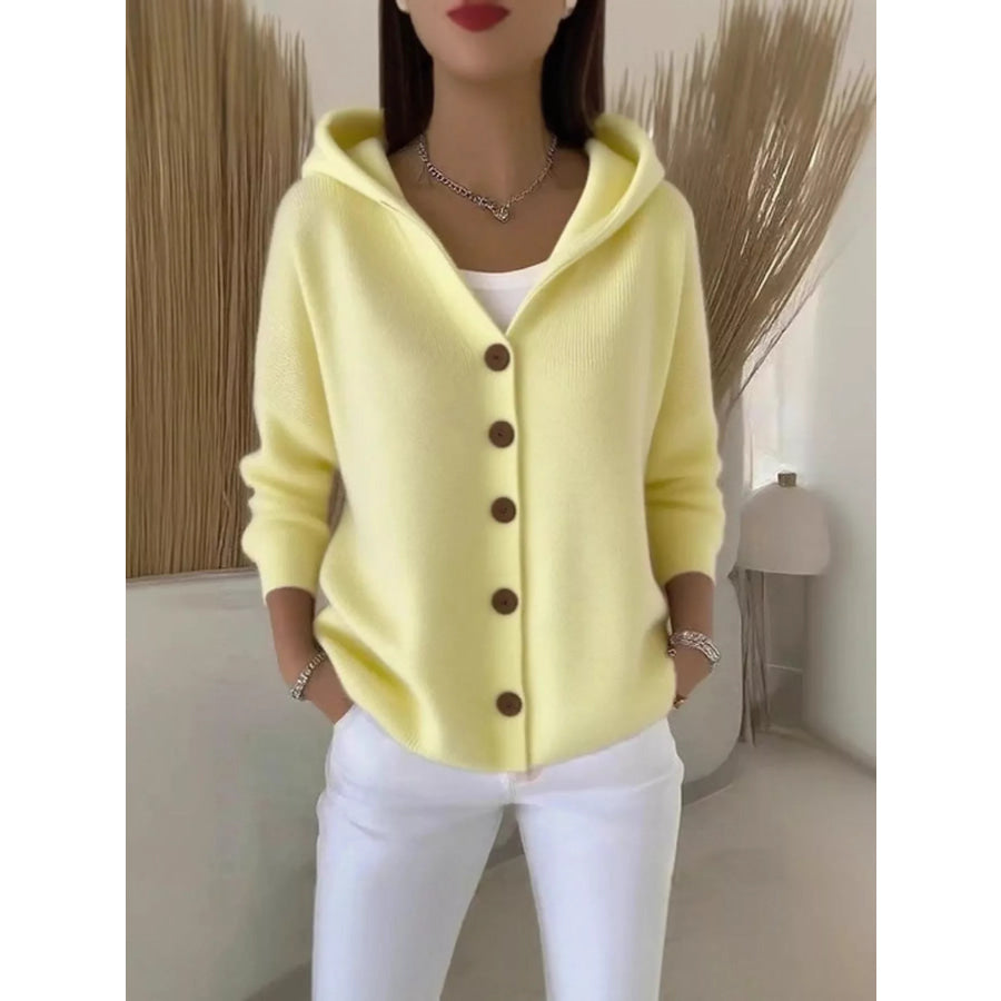 Full Size Hooded Button-Down Knit Cardigan Plus Size Beige / S Apparel and Accessories