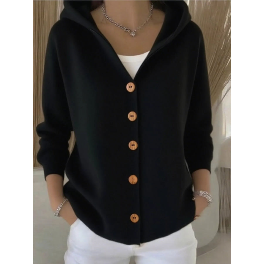Full Size Hooded Button-Down Knit Cardigan Plus Size Black / S Apparel and Accessories
