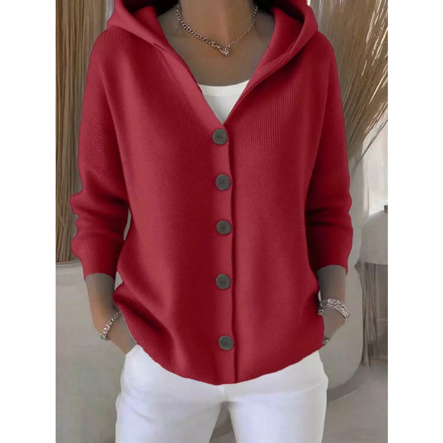 Full Size Hooded Button-Down Knit Cardigan Plus Size Burgundy / S Apparel and Accessories