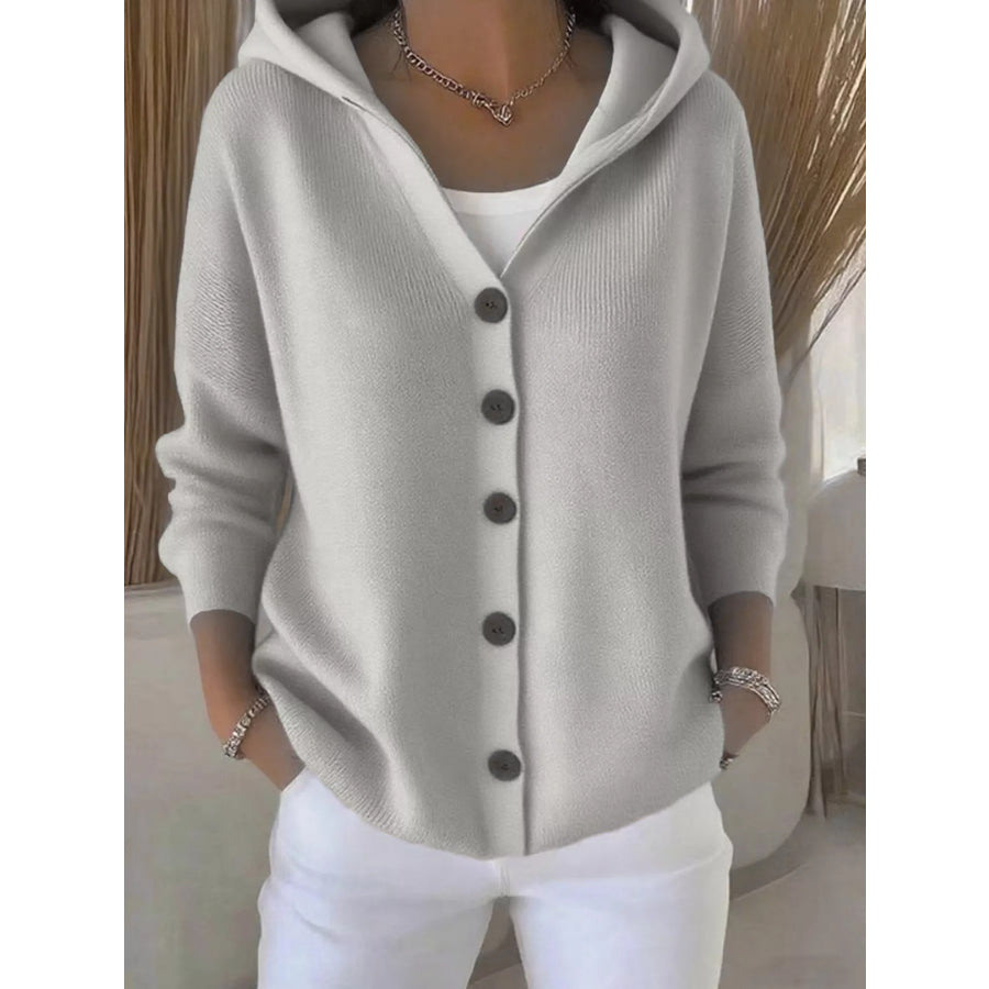 Full Size Hooded Button-Down Knit Cardigan Plus Size Gray / S Apparel and Accessories