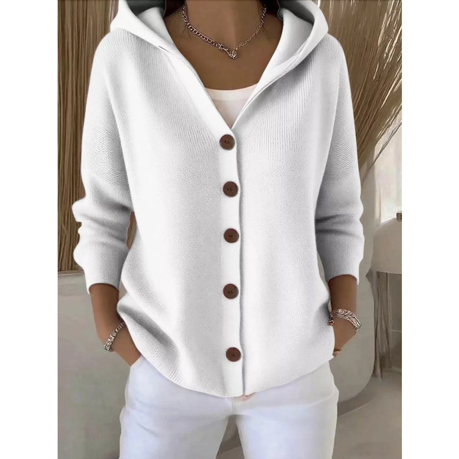 Full Size Hooded Button-Down Knit Cardigan Plus Size Gray/white / S Apparel and Accessories