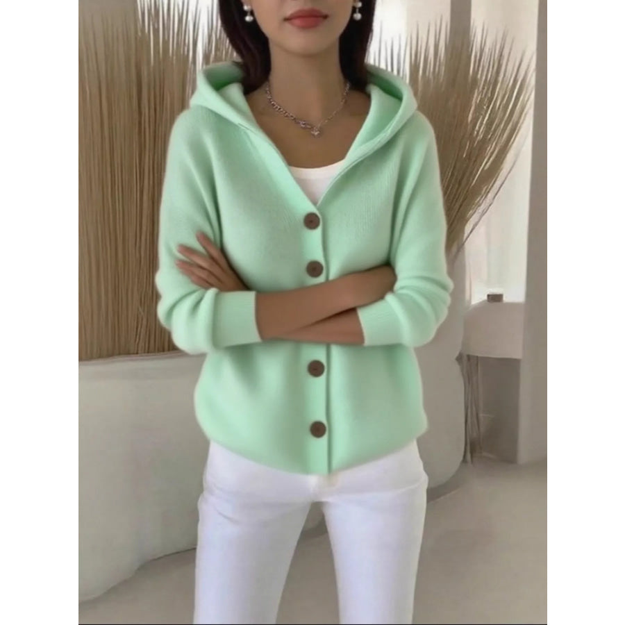 Full Size Hooded Button-Down Knit Cardigan Plus Size Light Green / S Apparel and Accessories