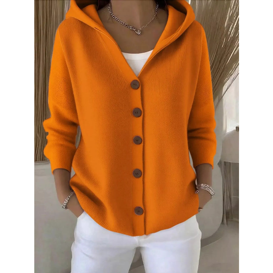 Full Size Hooded Button-Down Knit Cardigan Plus Size Orange / S Apparel and Accessories