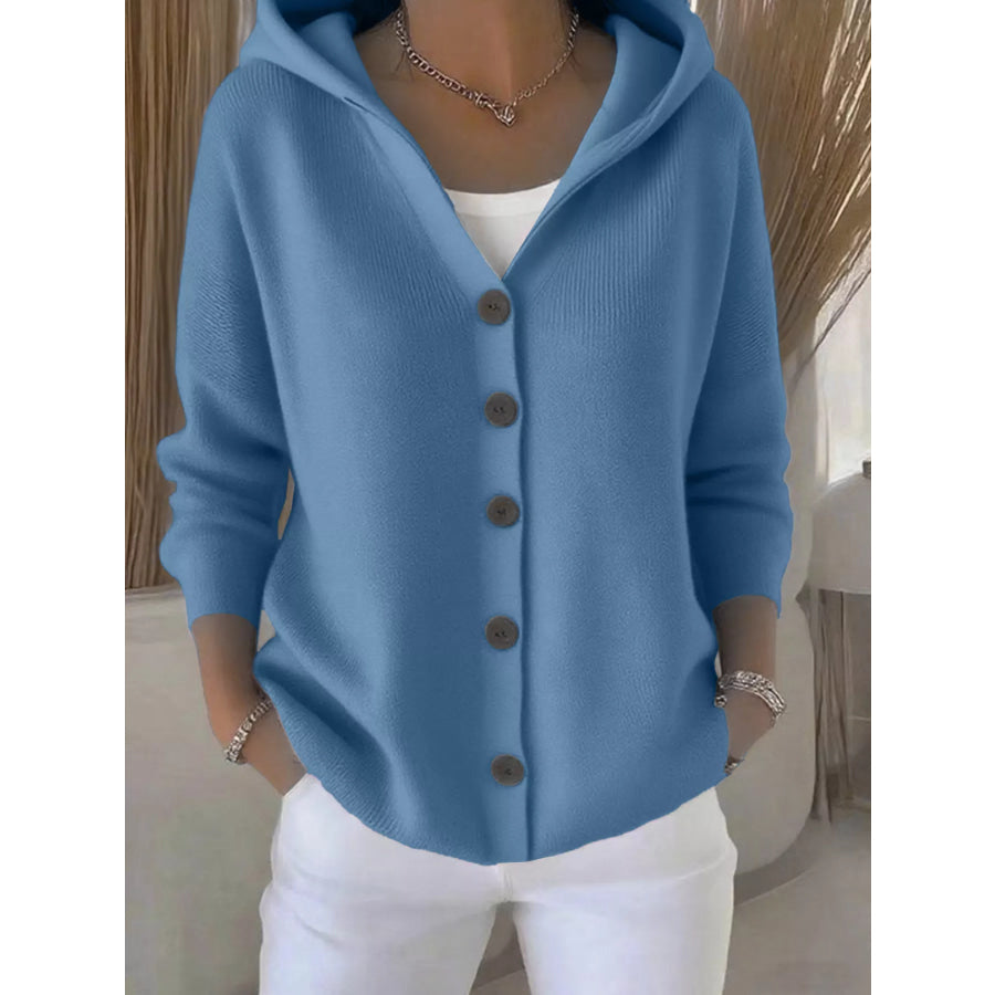 Full Size Hooded Button-Down Knit Cardigan Plus Size Peacock Blue / S Apparel and Accessories