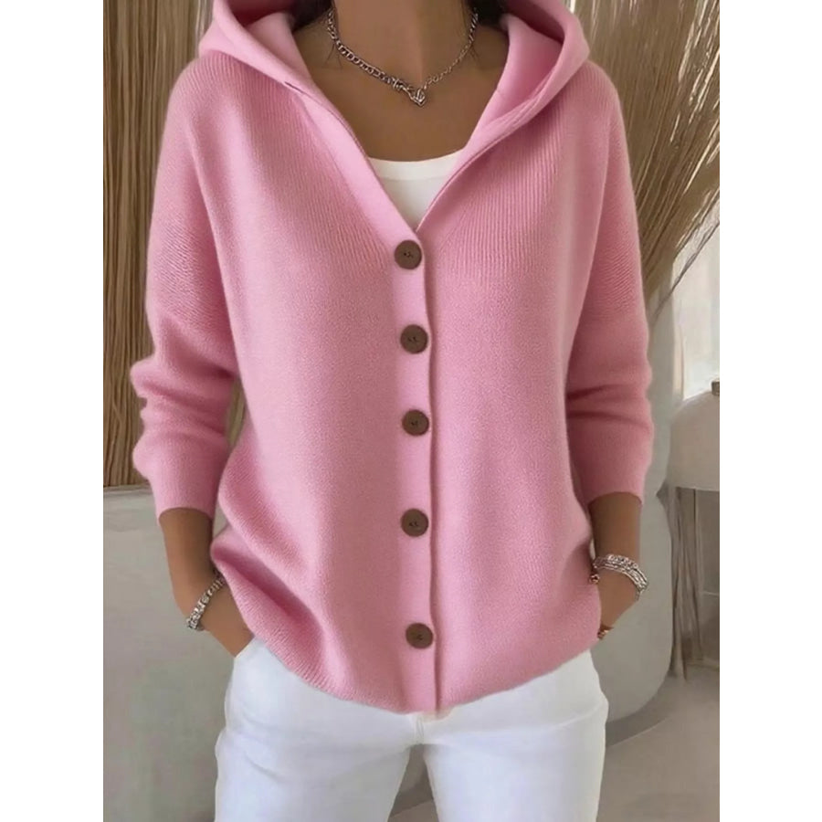 Full Size Hooded Button-Down Knit Cardigan Plus Size Pink / S Apparel and Accessories