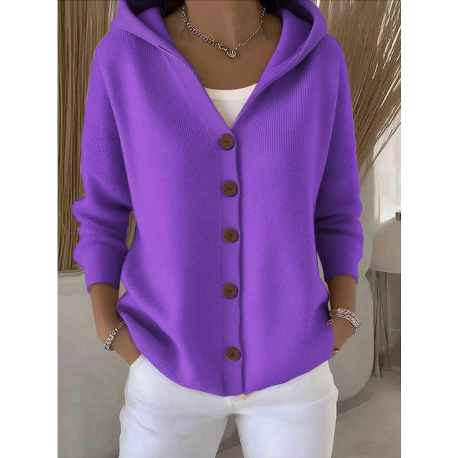 Full Size Hooded Button-Down Knit Cardigan Plus Size Purple / S Apparel and Accessories