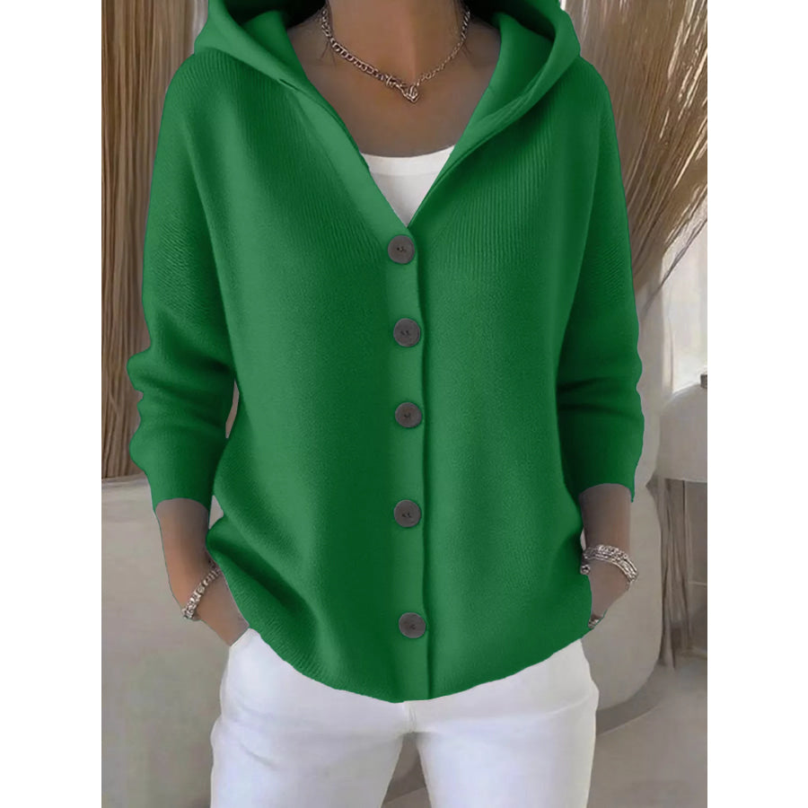 Full Size Hooded Button-Down Knit Cardigan Plus Size Sage / S Apparel and Accessories