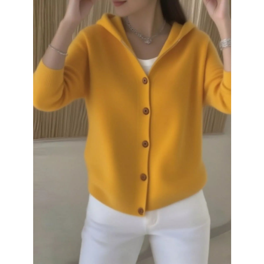 Full Size Hooded Button-Down Knit Cardigan Plus Size Yellow / S Apparel and Accessories