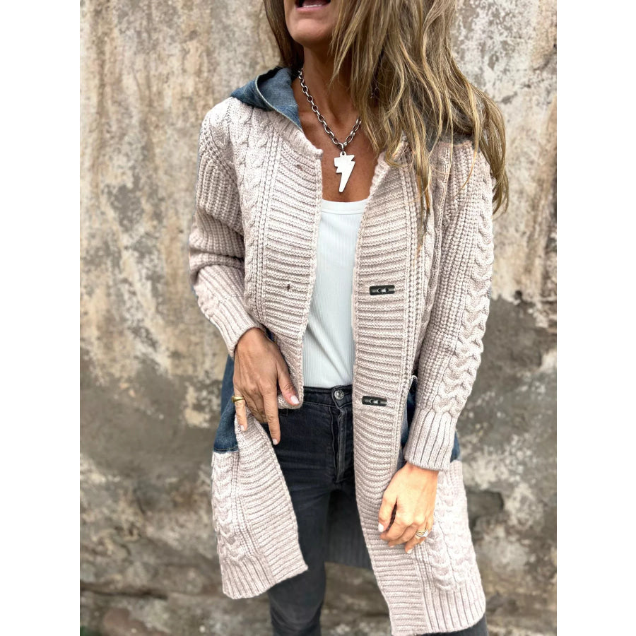 Full Size Hooded Cable Knit Longline Cardigan Plus Size Apricot / S Apparel and Accessories
