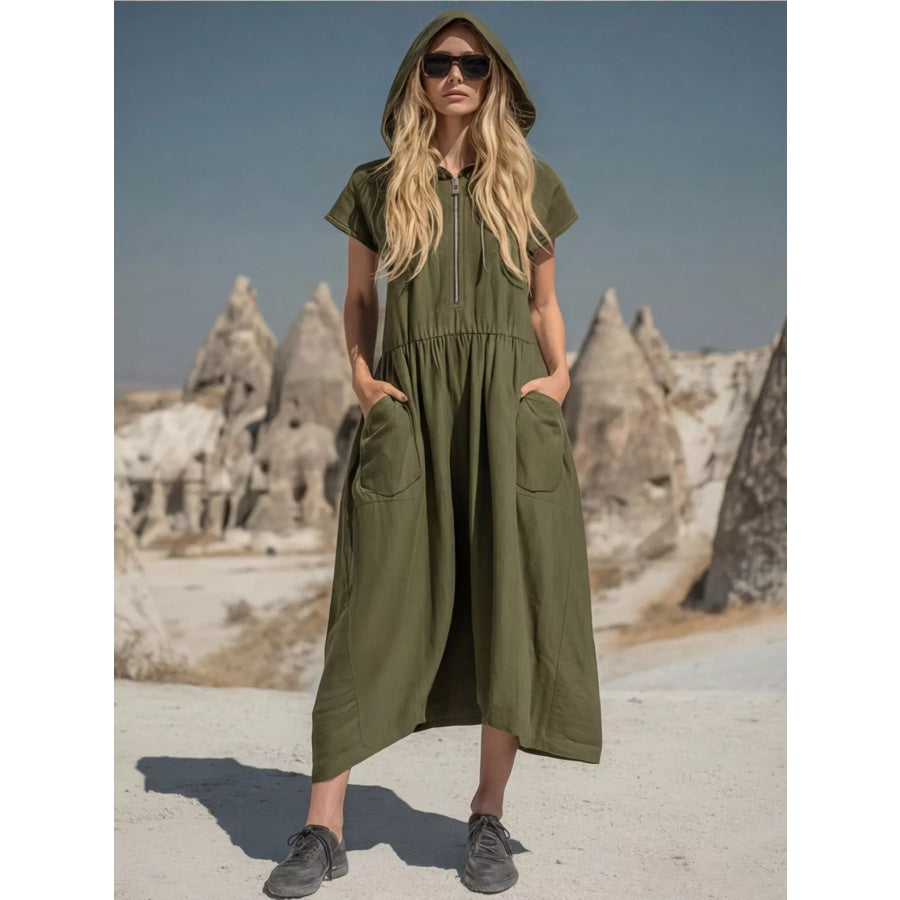 Full Size Hooded Midi Dress with Zipper and Pockets Plus Size Army Green / S Apparel and Accessories