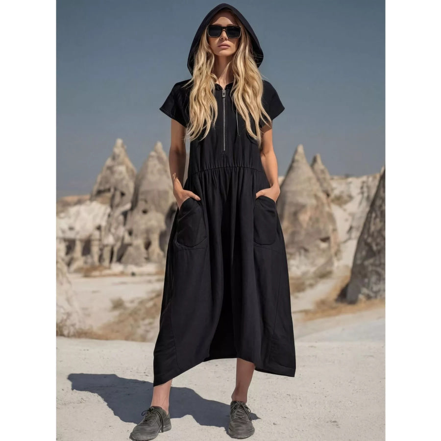 Full Size Hooded Midi Dress with Zipper and Pockets Plus Size Black / S Apparel and Accessories