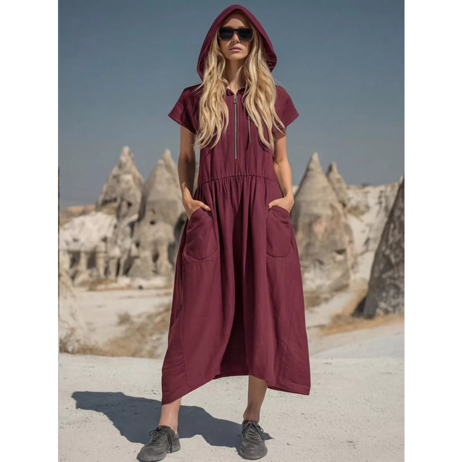Full Size Hooded Midi Dress with Zipper and Pockets Plus Size Burgundy / S Apparel and Accessories