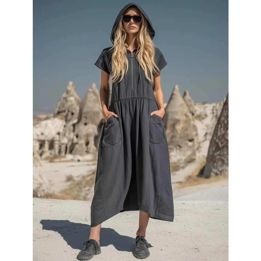 Full Size Hooded Midi Dress with Zipper and Pockets Plus Size Grey / S Apparel and Accessories