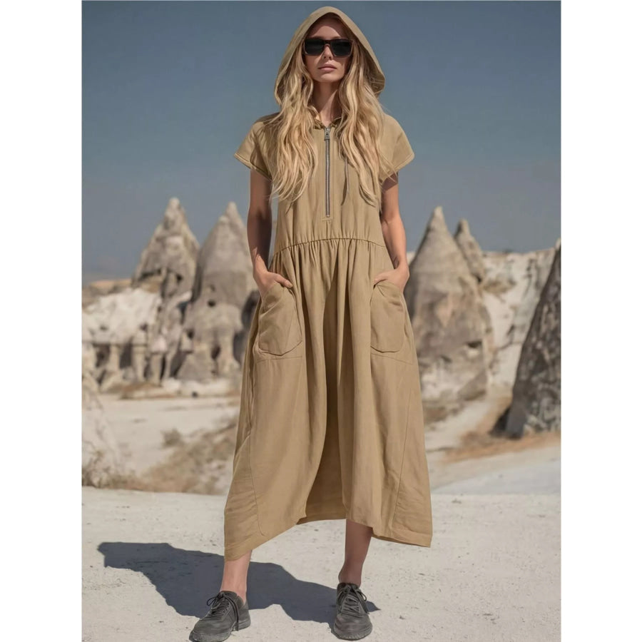Full Size Hooded Midi Dress with Zipper and Pockets Plus Size Khaki / S Apparel and Accessories