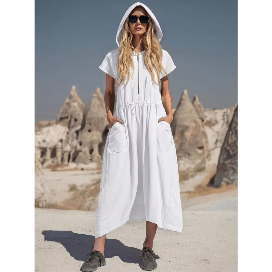 Full Size Hooded Midi Dress with Zipper and Pockets Plus Size White / S Apparel and Accessories