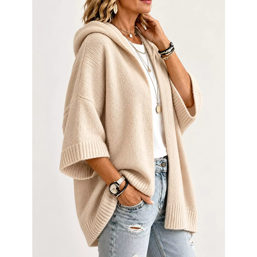 Full Size Hooded Open-Front Knit Cardigan Plus Apparel and Accessories