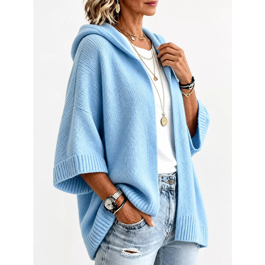 Full Size Hooded Open-Front Knit Cardigan Plus Apparel and Accessories