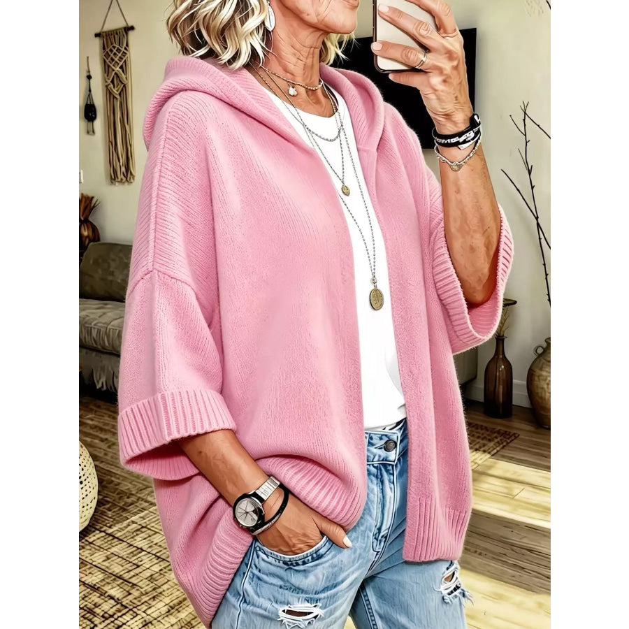 Full Size Hooded Open-Front Knit Cardigan Plus Apparel and Accessories