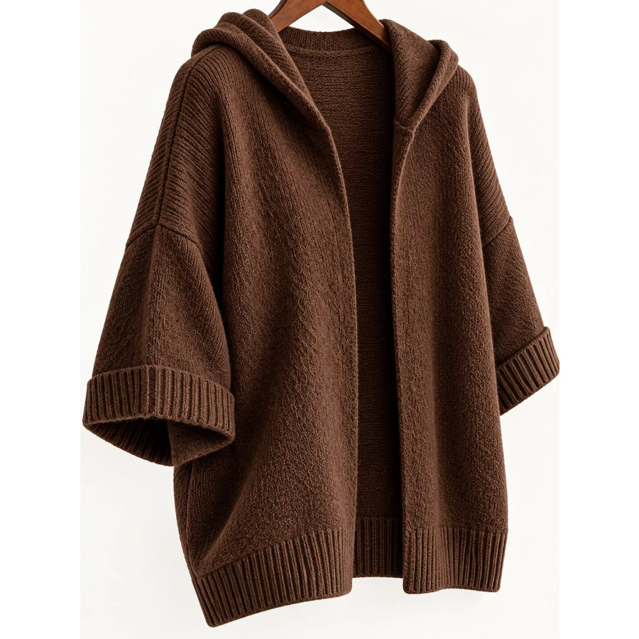 Full Size Hooded Open-Front Knit Cardigan Plus Apparel and Accessories