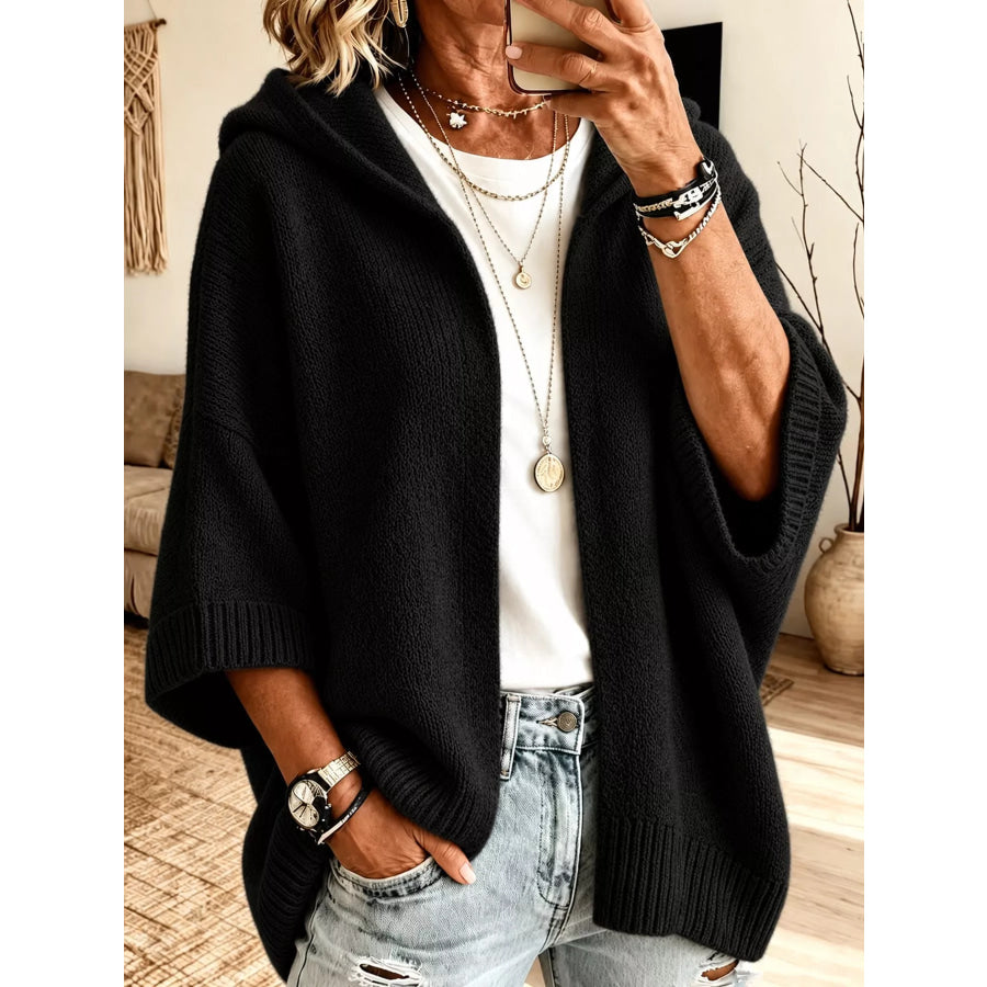 Full Size Hooded Open-Front Knit Cardigan Plus Apparel and Accessories