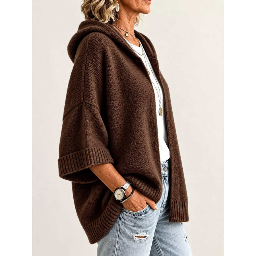 Full Size Hooded Open-Front Knit Cardigan Plus Apparel and Accessories