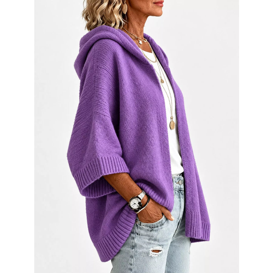 Full Size Hooded Open-Front Knit Cardigan Plus Apparel and Accessories