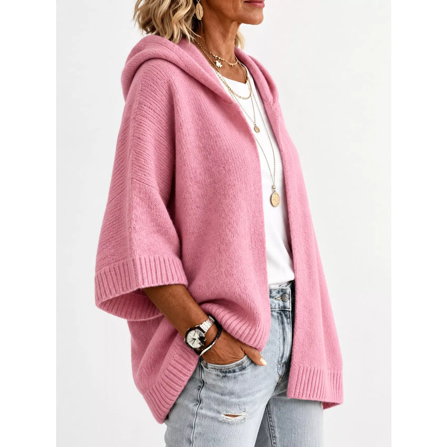 Full Size Hooded Open-Front Knit Cardigan Plus Apparel and Accessories