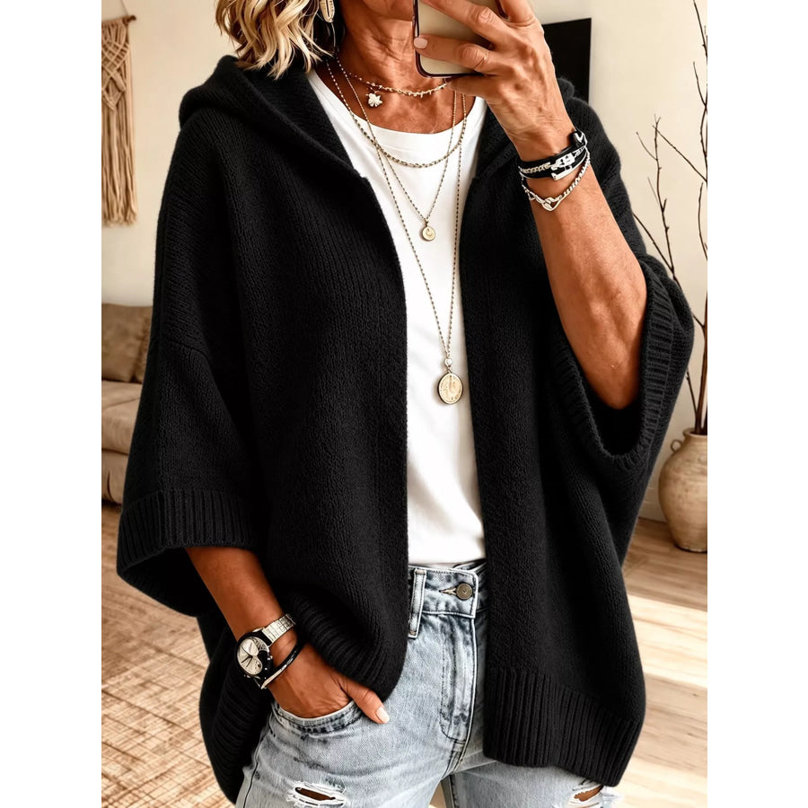Full Size Hooded Open-Front Knit Cardigan Plus Black / S Apparel and Accessories