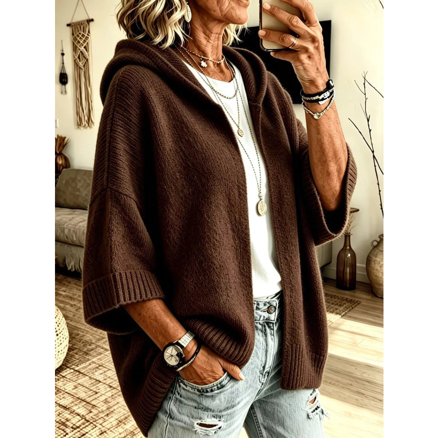 Full Size Hooded Open-Front Knit Cardigan Plus Brown / S Apparel and Accessories