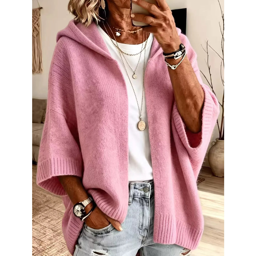 Full Size Hooded Open-Front Knit Cardigan Plus Pink / S Apparel and Accessories
