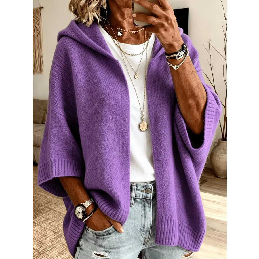 Full Size Hooded Open-Front Knit Cardigan Plus Purple / S Apparel and Accessories