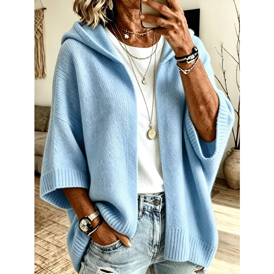 Full Size Hooded Open-Front Knit Cardigan Plus Sky Blue / S Apparel and Accessories