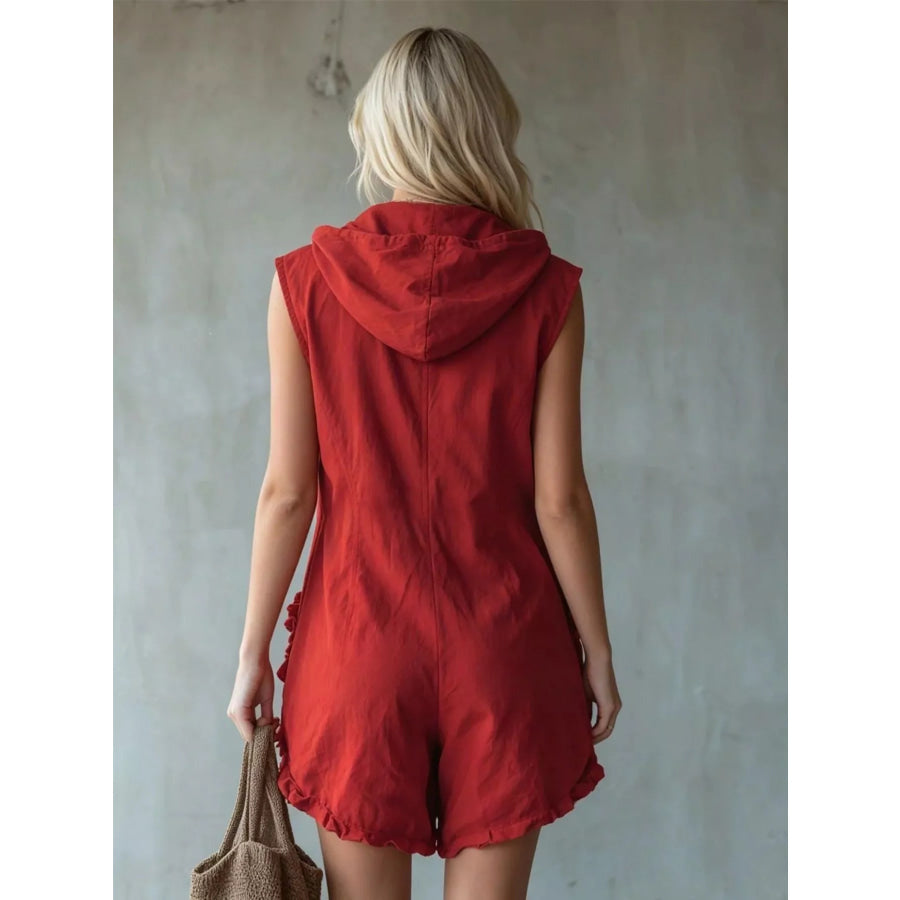 Full Size Hooded Sleeveless Zipper Romper with Ruffled Pockets Plus Size Apparel and Accessories