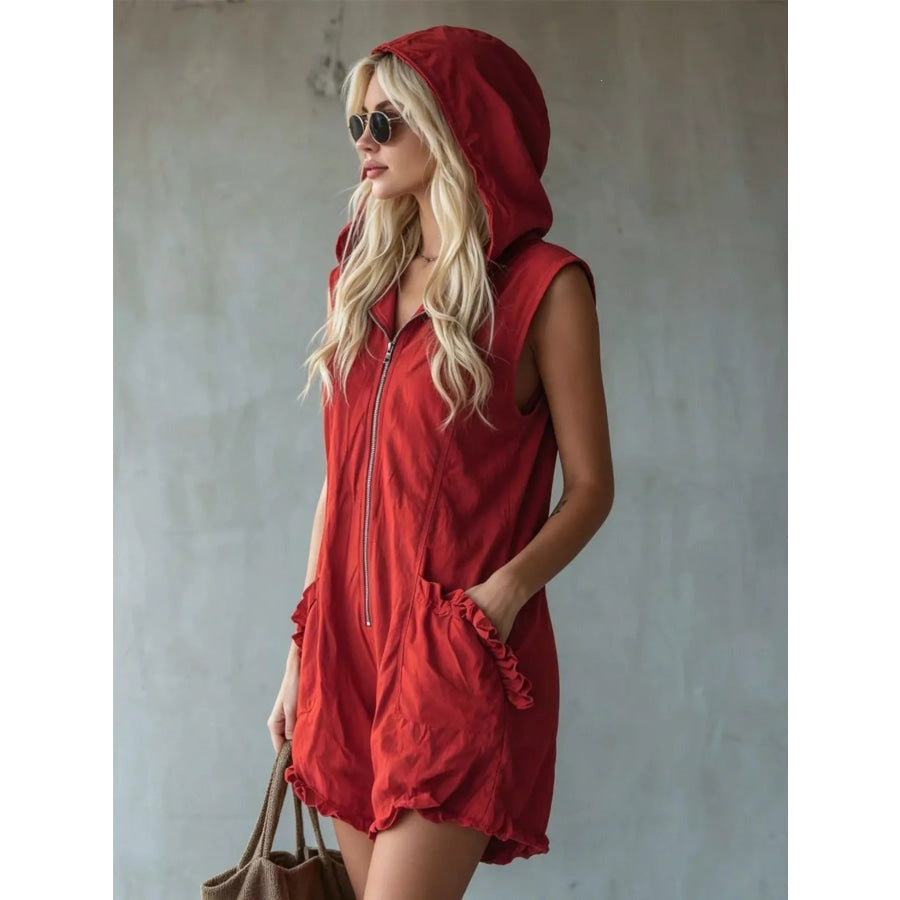 Full Size Hooded Sleeveless Zipper Romper with Ruffled Pockets Plus Size Apparel and Accessories