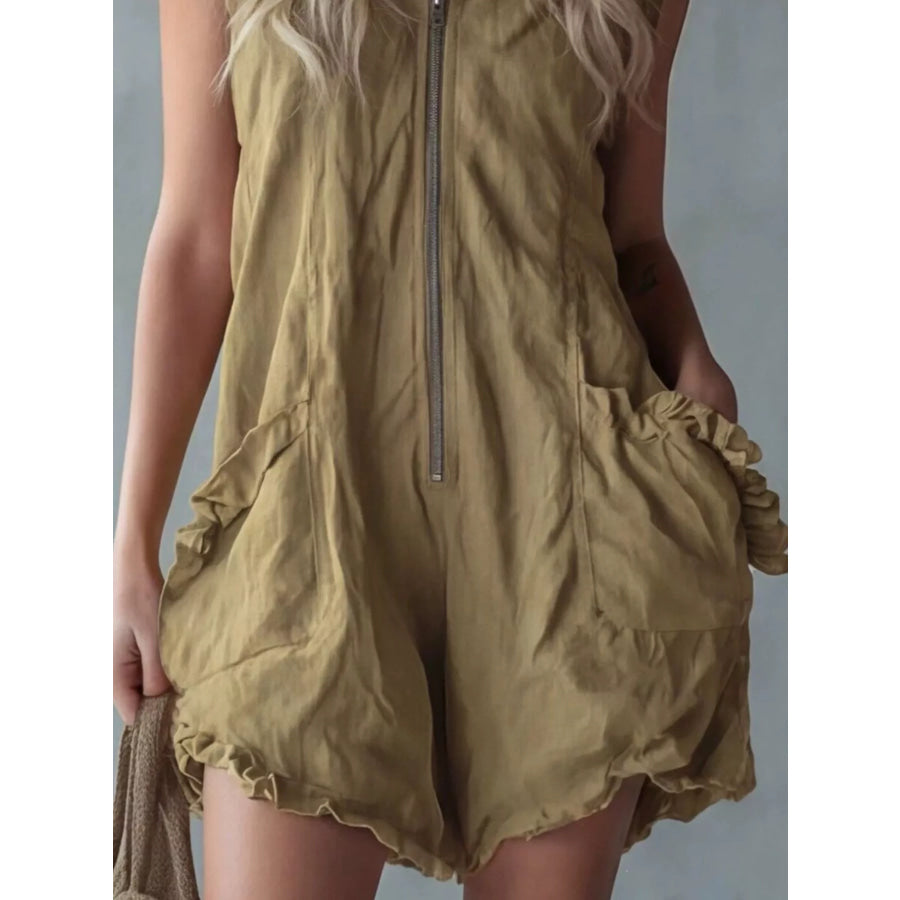 Full Size Hooded Sleeveless Zipper Romper with Ruffled Pockets Plus Size Apparel and Accessories