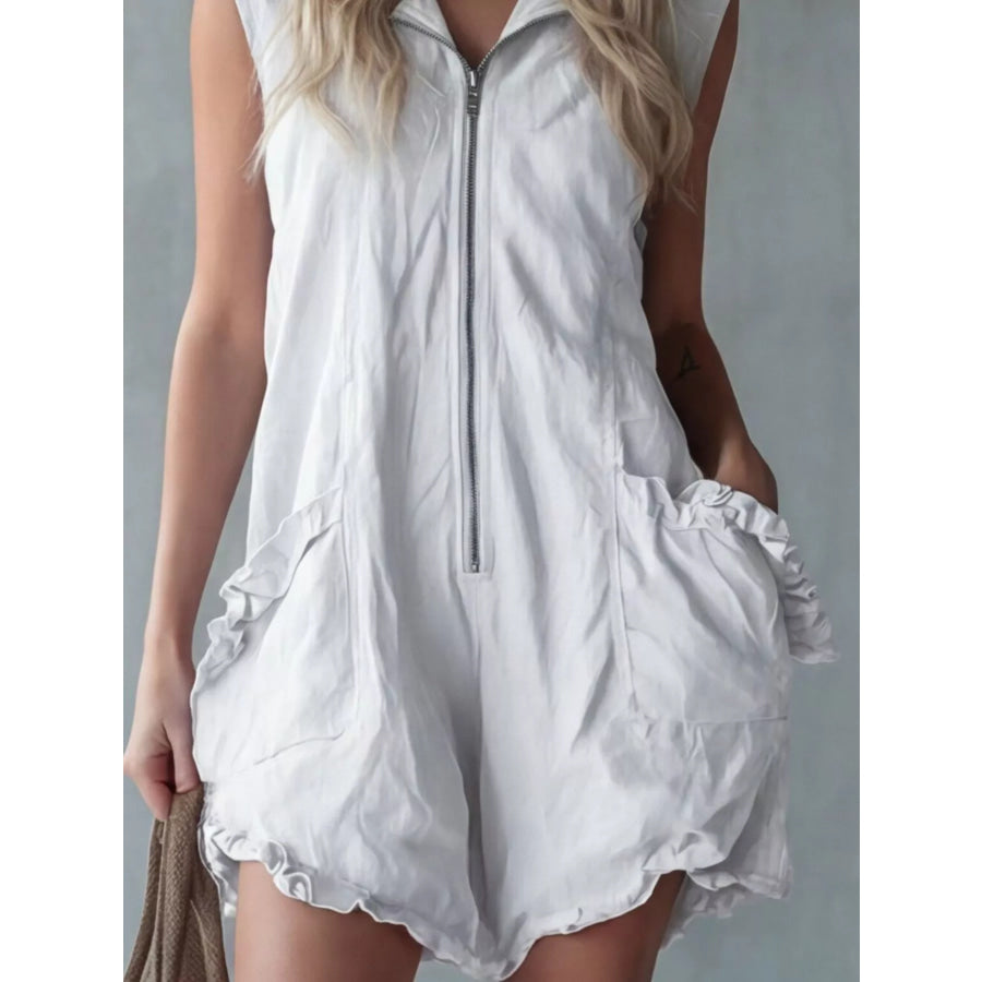 Full Size Hooded Sleeveless Zipper Romper with Ruffled Pockets Plus Size Apparel and Accessories