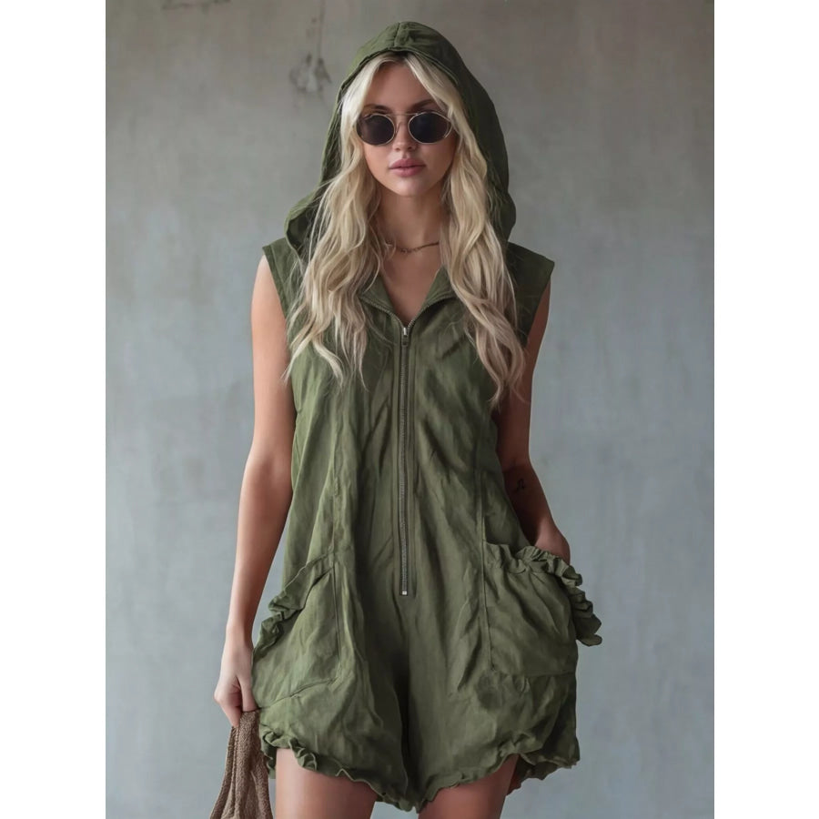 Full Size Hooded Sleeveless Zipper Romper with Ruffled Pockets Plus Size Army Green / S Apparel and Accessories