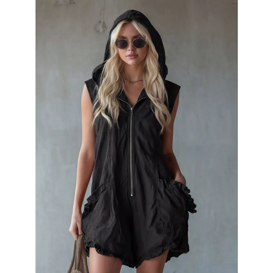 Full Size Hooded Sleeveless Zipper Romper with Ruffled Pockets Plus Size Black / S Apparel and Accessories