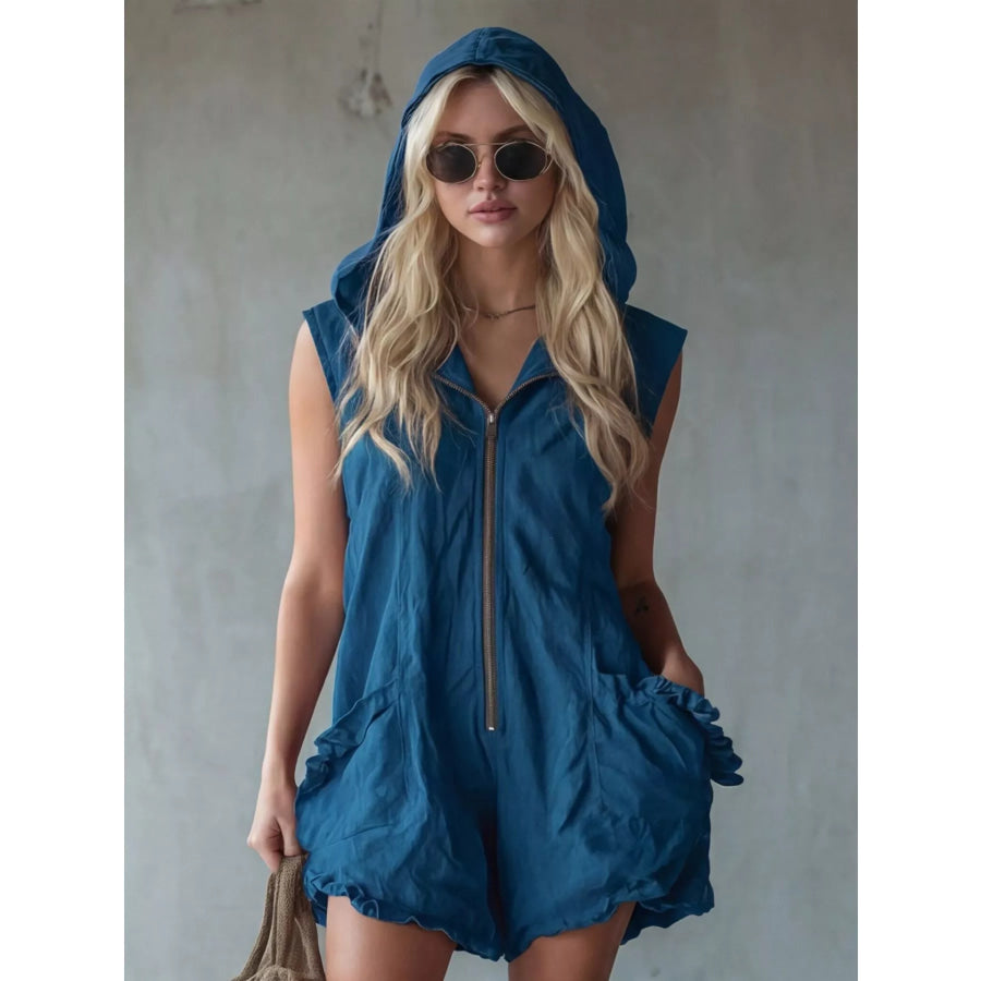 Full Size Hooded Sleeveless Zipper Romper with Ruffled Pockets Plus Size Blue / S Apparel and Accessories