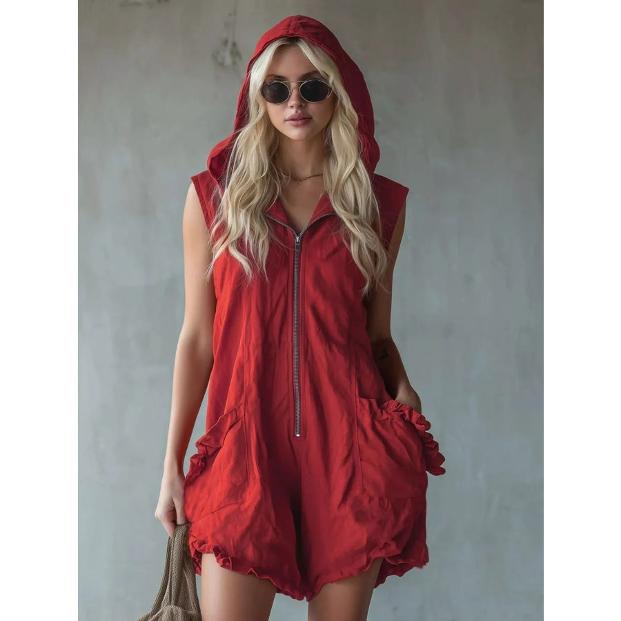 Full Size Hooded Sleeveless Zipper Romper with Ruffled Pockets Plus Size Red / S Apparel and Accessories